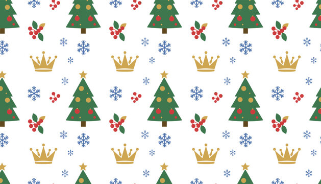 Festive Christmas seamless pattern features decorated green pine trees, golden crowns, red holly berries, and blue snowflakes.