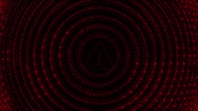 Red code warning ring visual with matrix letters, circular tunnel depth, and central alert symbol. Perfect for cyber security videos, malware warnings, risk titles, and overlays.