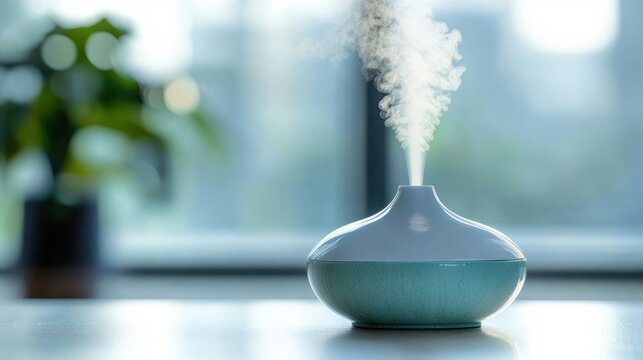 small ceramic essential oil diffuser on a tabletop emitting soft vapor with a blurred indoor plant and window in soothing morning light