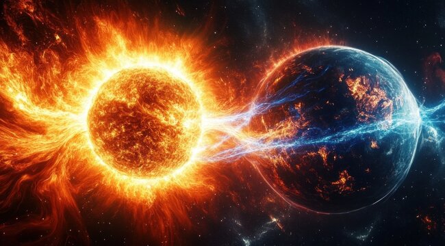 fiery sun-like star blasting glowing plasma streams toward a scorched blue earth-like planet in a dramatic cosmic confrontation