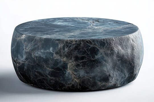 Minimal dark round marble stone pedestal with textured veining on white studio background, serene solid modern aesthetic