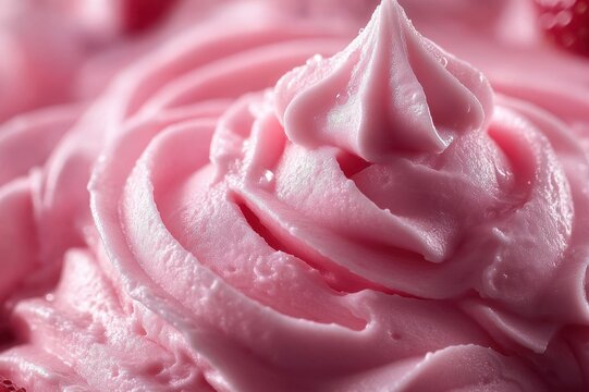 close-up of creamy pink frosting swirl with glossy texture on a dessert and a hint of raspberry, evoking indulgent sweet delight