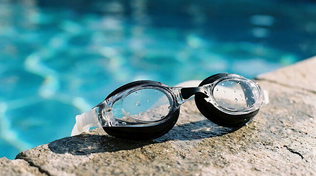Swimming goggles resting on the stone edge of a blue swimming pool on a sunny day