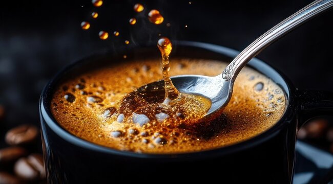 close-up of black coffee cup with crema, spoon stirring and droplets splashing, scattered coffee beans, rich warm invigorating mood