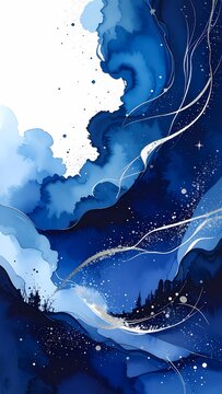 An abstract blue and white watercolor painting featuring flowing organic shapes silver lines and stars