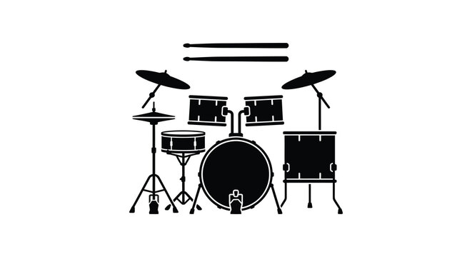 A complete drum kit arrangement in black silhouette against a white background silhouette drums percussion instrument set drumming