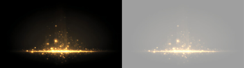 Golden light streak with rising sparkling particles. Glowing magic dust effect isolated on black and transparent background © Oksana