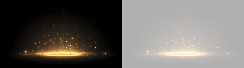 Soft golden glow with rising magic dust particles from a circular portal. Light effect isolated on black and transparent background © Oksana