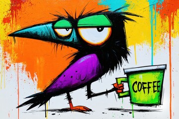 Obraz premium Grumpy cartoon raven holding coffee cup, vibrant street art style