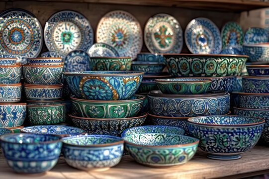 vibrant display of hand-painted ceramic bowls and plates with intricate blue and green geometric and floral patterns stacked on wooden shelves, artisanal and inviting