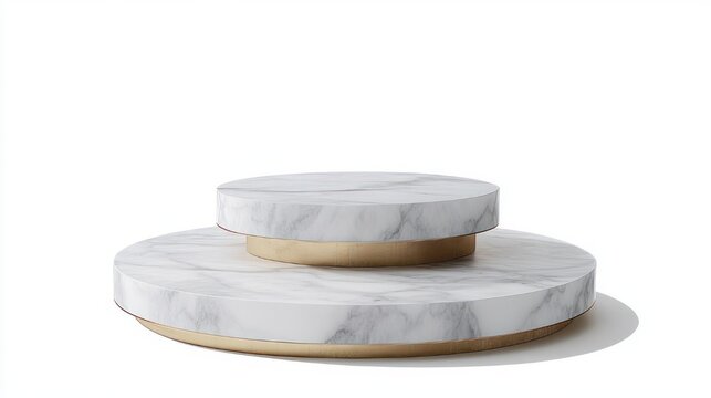 two-tier round marble display podium with gold bases on white background, minimalist elegant studio presentation conveying calm sophistication