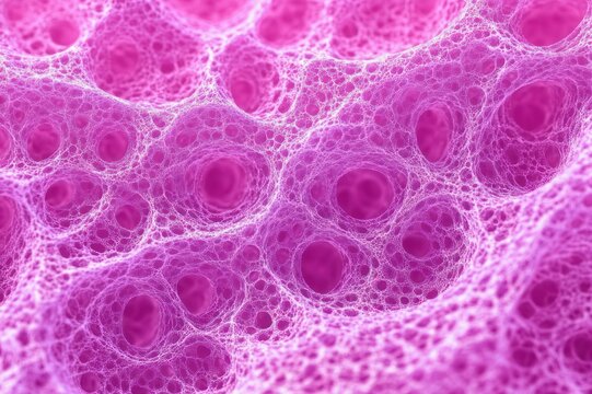 close-up of intricate pink porous foam with interconnected cellular holes and delicate lacy mesh evoking curiosity and wonder