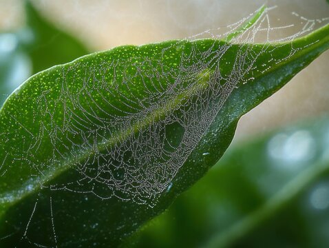 delicate dew-covered spider web stretched across a green leaf, shimmering in the quiet morning