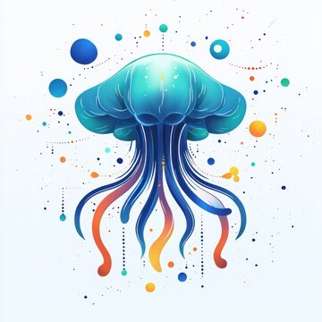 vibrant turquoise jellyfish with flowing blue and orange tentacles surrounded by colorful floating bubbles and dots, whimsical and dreamy mood