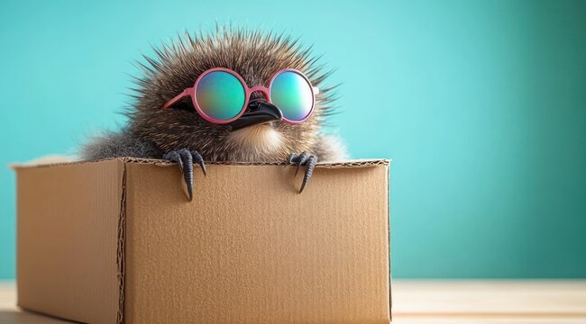 Playful baby hedgehog wearing colorful round sunglasses peeking out of a cardboard box, curious and cheerful against a teal background