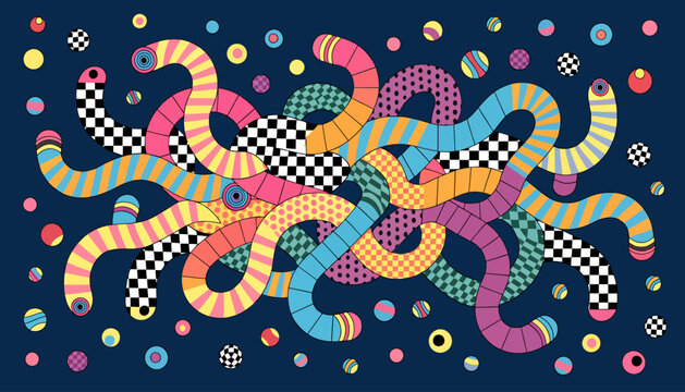 Abstract colorful wavy serpentine shapes and polka dot patterns against dark background