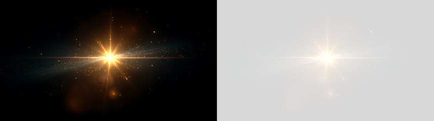 Golden light flare with horizontal lens flare and shimmering particle trail. Radiant starburst effect on black and transparent background. Cosmic glow and magic dust overlay © Oksana