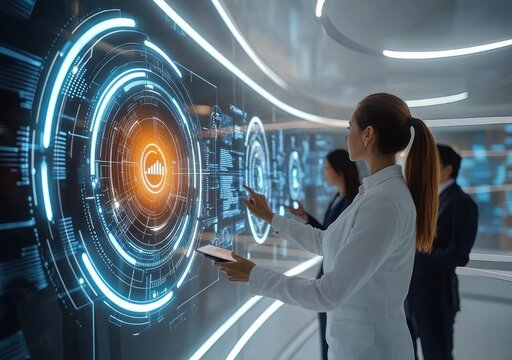 three professionals interacting with a curved holographic touchscreen wall displaying glowing circular data interfaces, woman in white jacket holding a tablet, focused collaborative mood