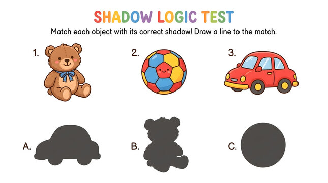 An educational shadow-matching game for children&mdash;a colorful logic puzzle featuring cute objects and silhouettes designed for preschool learning. AI generated.