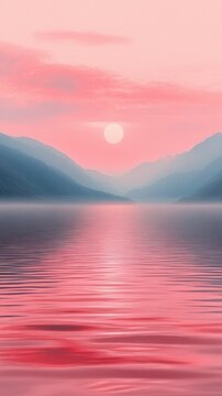 Tranquil pink sunrise over a misty mountain lake with a glowing sun and soft reflected ripples