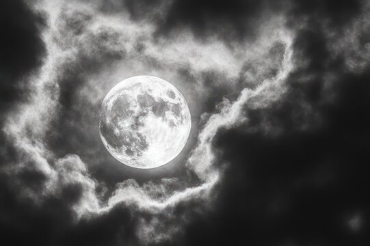 full moon glowing through swirling dark clouds, moody and mysterious night sky