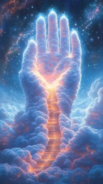 Colossal hand sculpted from clouds with a glowing stairway rising through its palm into a starry cosmic sky, bathed in warm light and evoking awe and serene transcendence