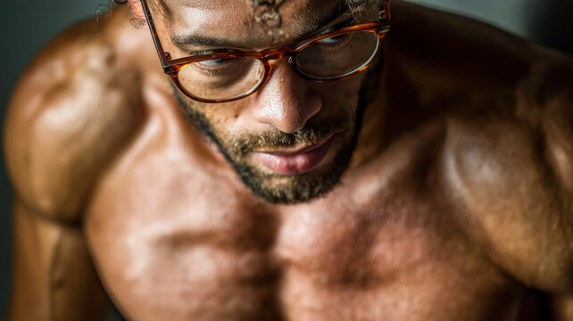 Intense gaze of a muscular man with glasses, focused determination, strong physique