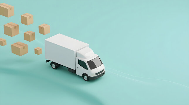 White delivery truck with flying parcels and packages
