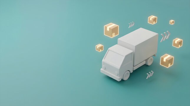 White delivery truck with cardboard boxes on green background