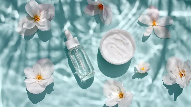 Bottle with for serum, oil, emulsion and reflections sunlight in slow motion. Drop shadow effect with wave refraction of light. Sun and shadows. Layout for advertising goods, cosmetic products. 4k