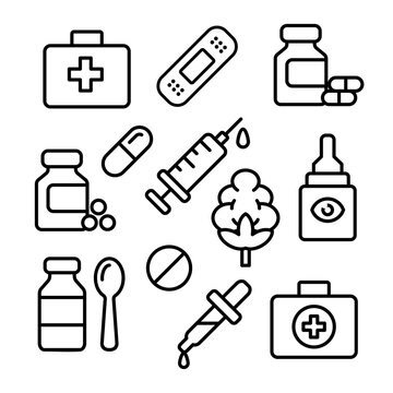 Pharmacy Medicine First Aid Healthcare Line Icon Set