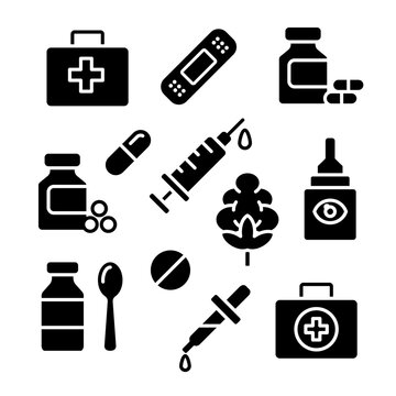 Pharmacy Medicine First Aid Healthcare Solid Glyph Icon Set Vector