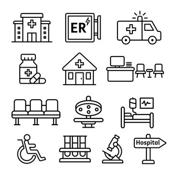 Medical Healthcare Hospital Facilities Line Icon Set