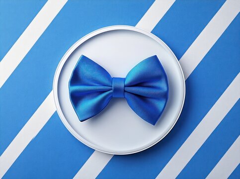 blue satin bow tie on a white round plate against diagonal blue and white striped background, elegant refined festive mood