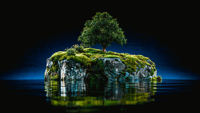 Arbre sur une ile rocher recouverte de mousse dans la nuit