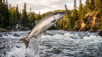 Obraz premium Wild salmon jumping out of rushing river water in forest wilderness