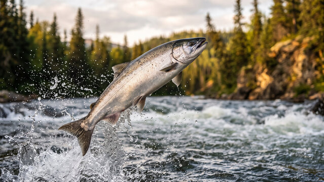 Wild salmon jumping out of rushing river water in forest wilderness