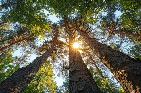 Sunlit pine forest canopy with tall trunks and green leaves, upward perspective evoking calm wonder