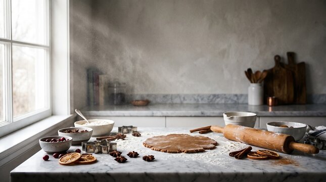 Festive holiday baking background with gingerbread dough and tools, generative AI