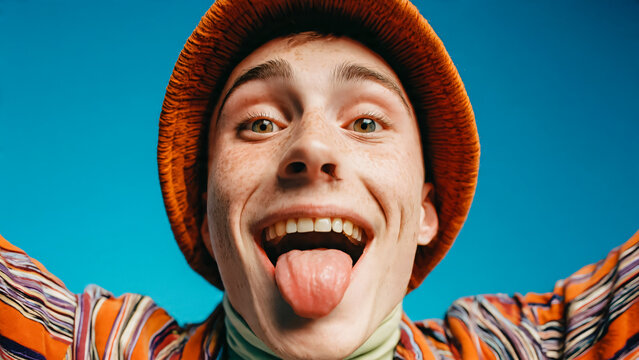 Jeune homme portant un chapeau et souriant en tirant la langue