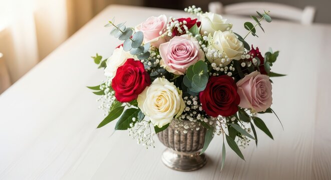 Elegant floral bouquet in a silver vase. Beautiful flower arrangement for home decor and special occasions.