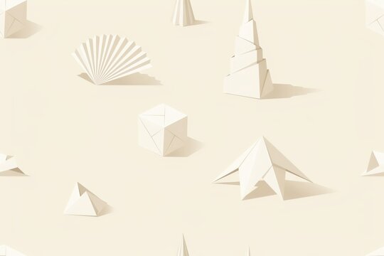 Seamless pattern of white paper origami figures, including a geometric cube, a folded fan, and a pyramid, on a light beige background surface