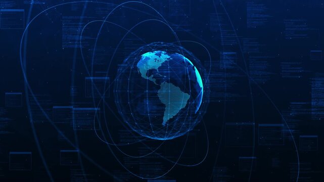 Digital globe programming visual with blue code panels, orbit paths, and connected world mesh. Perfect for AI dashboards, software videos, global data titles, and overlays.
