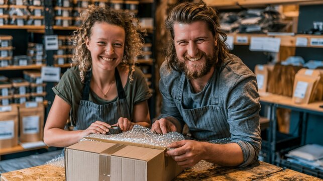 Small business owners packing products into cardboard boxes for shipping at home