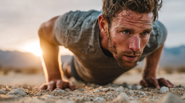 Golden hour push-up, desert endurance, sun-kissed effort