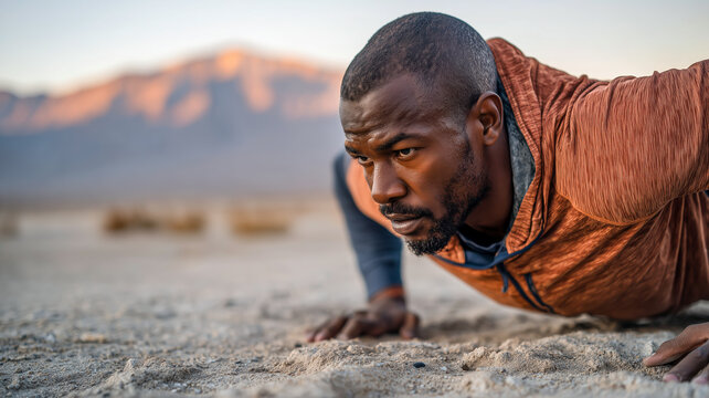 Desert strength training, focused push-up, arid landscape