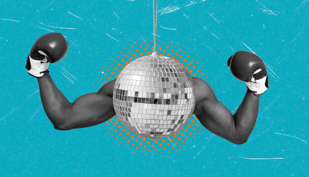 Art collage of boxing gloves and a disco ball on a blue background showing strength and fun in a creative design
