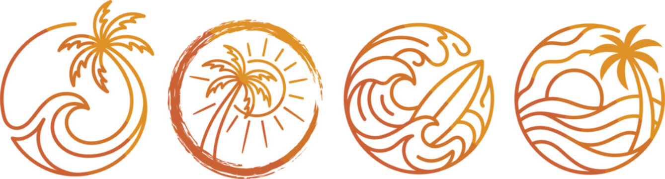 Set of tropical summer beach badges and logos featuring palm trees, ocean waves, sun, and surfboard.