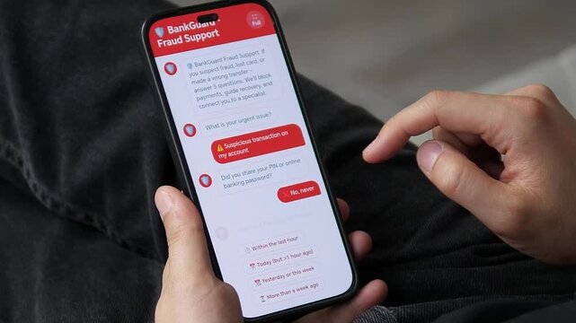 Hand confirming a fraudulent transaction report. The screen promises a provisional refund credit within 24 hours. Perfect for financial recovery, scam protection, and rapid response support