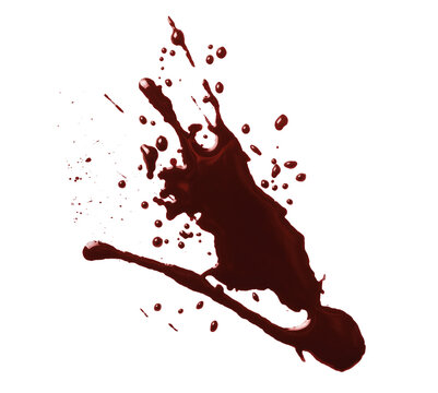 Large bloody stain with flying droplets, isolated on transparent cutout background